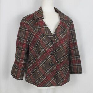 Nine West Brown Red Swatch Plaid Blazer Jacket Woman Size 14 Collared 3/4 Sleeve